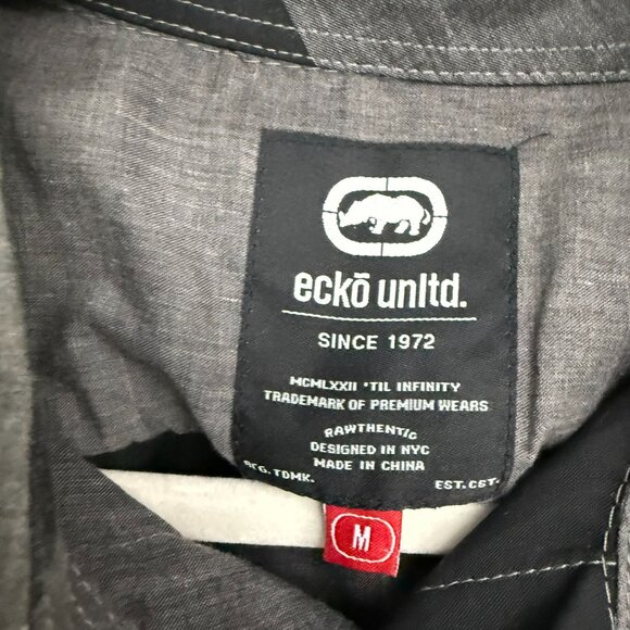 Ecko Unltd Plaid Short Sleeve Button Down Shirt Me's Medium Gray Black Outdoor - Picture 2 of 6